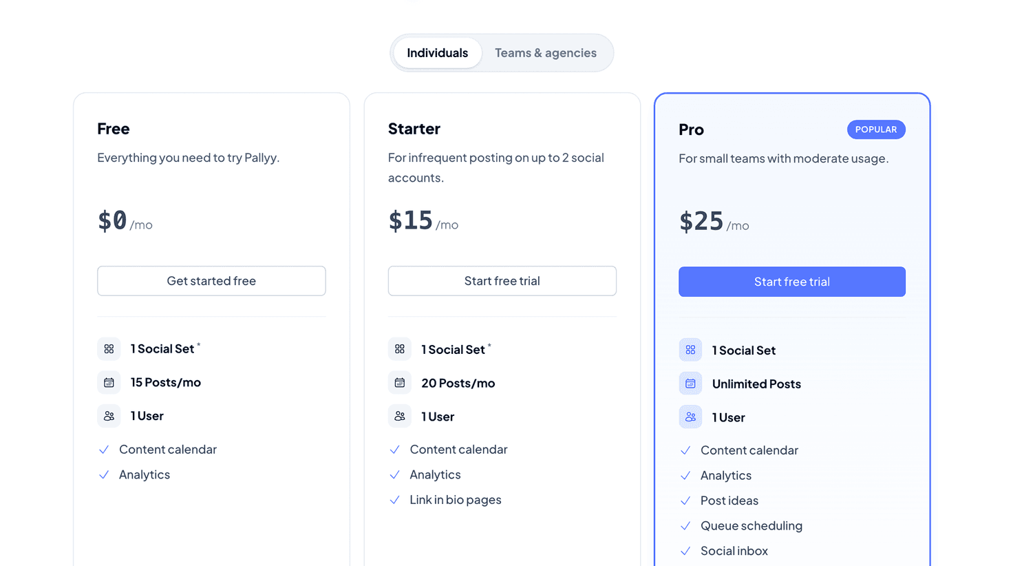 Pallyy's own pricing page as a tier-menu example: three clear plans with one visibly recommended