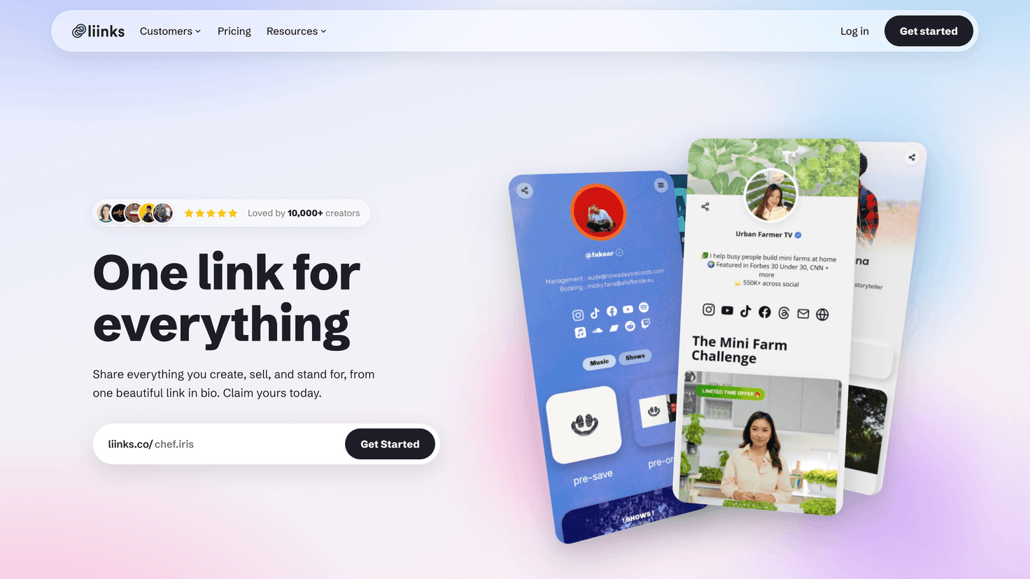 Liinks homepage showing its customizable link page builder
