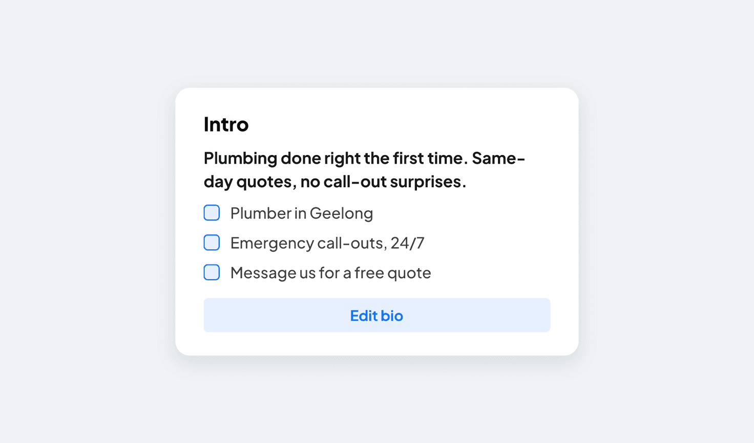 Facebook page intro example for a local plumbing business