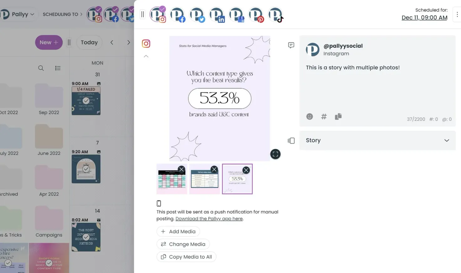 Creating a story with multiple photos in Pallyy's dashboard.