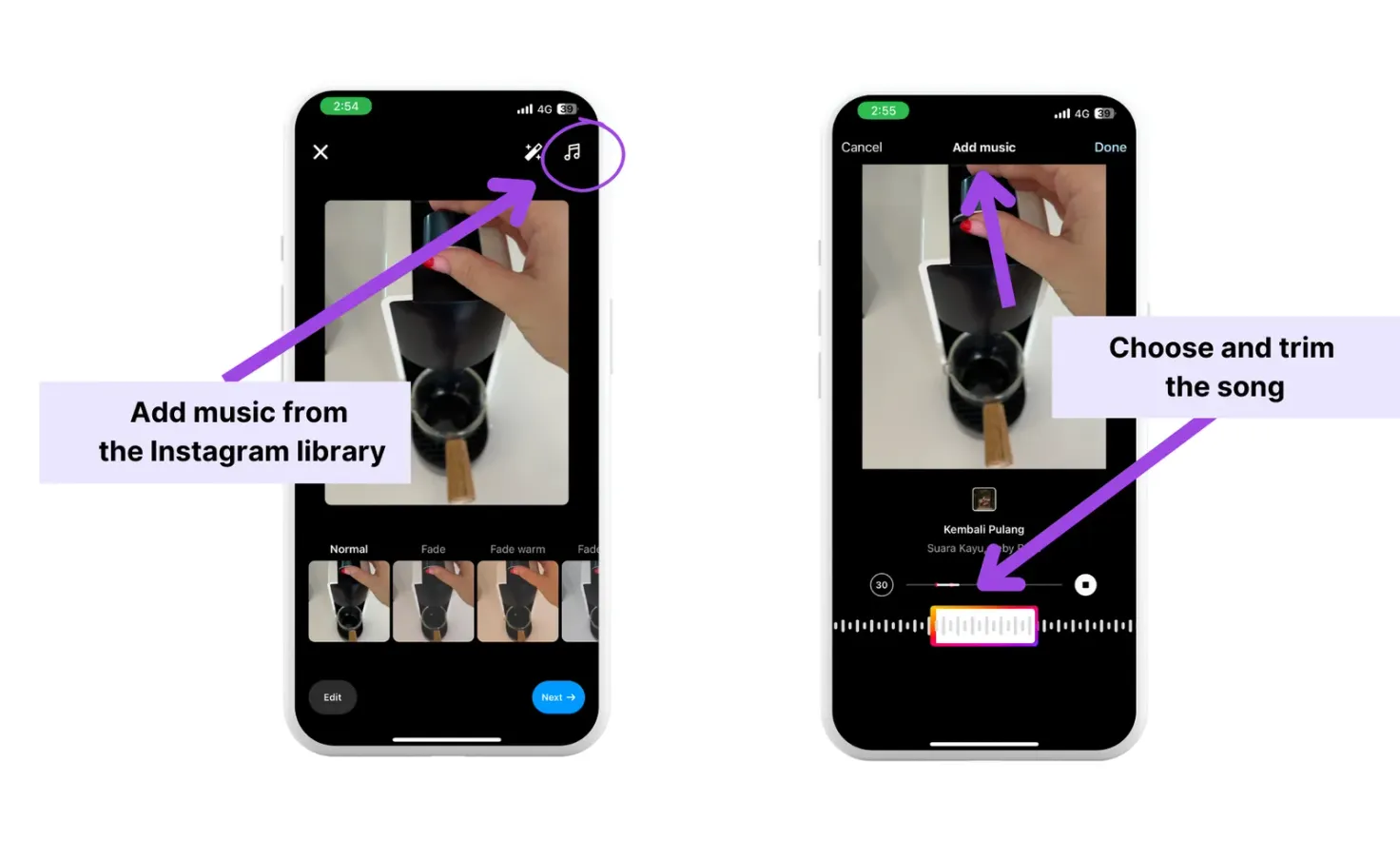 Instruction for how to add music to an Instagram feed post