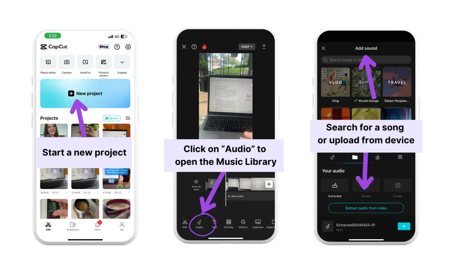 Instructions for adding your own music to an Instagram Story with CapCut app