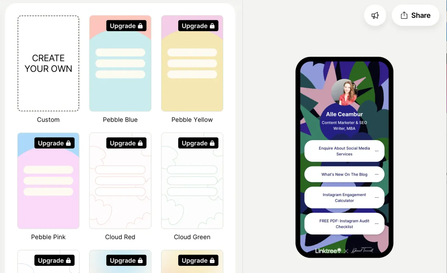 Linktree app dashboard view