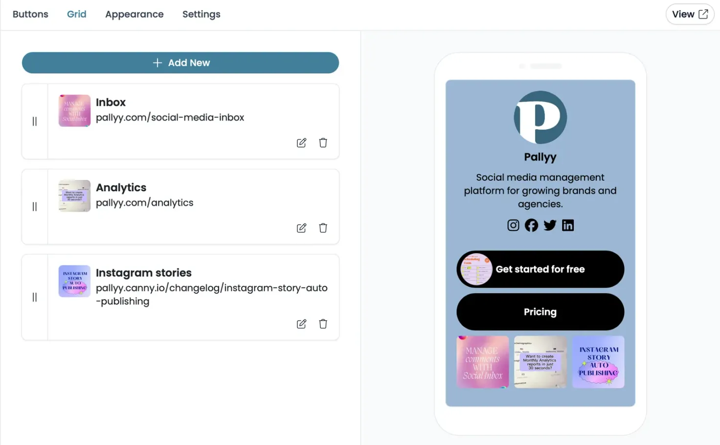 Pallyy LinkInBio Tool Snapshot