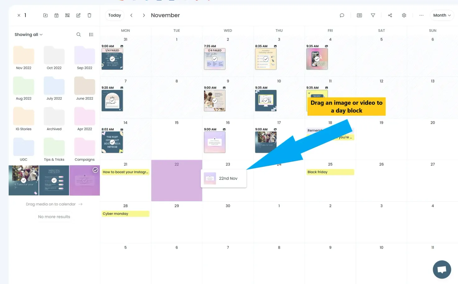 drag media from the library on to the calendar to start editing a new post