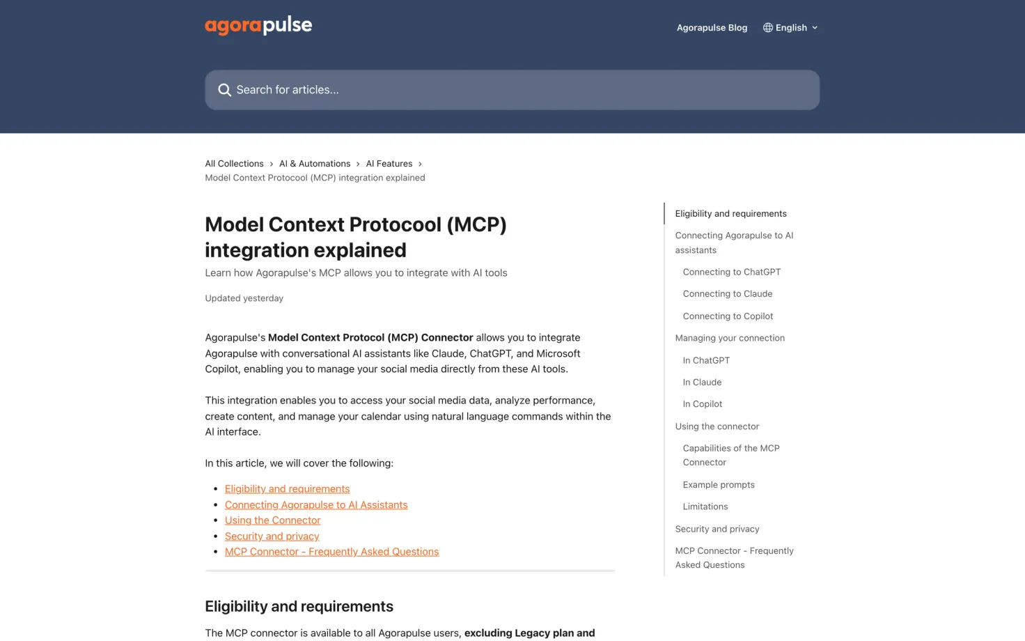 Agorapulse help centre article explaining the MCP connector, with sections for eligibility, connecting to ChatGPT, Claude and Copilot, and capabilities.