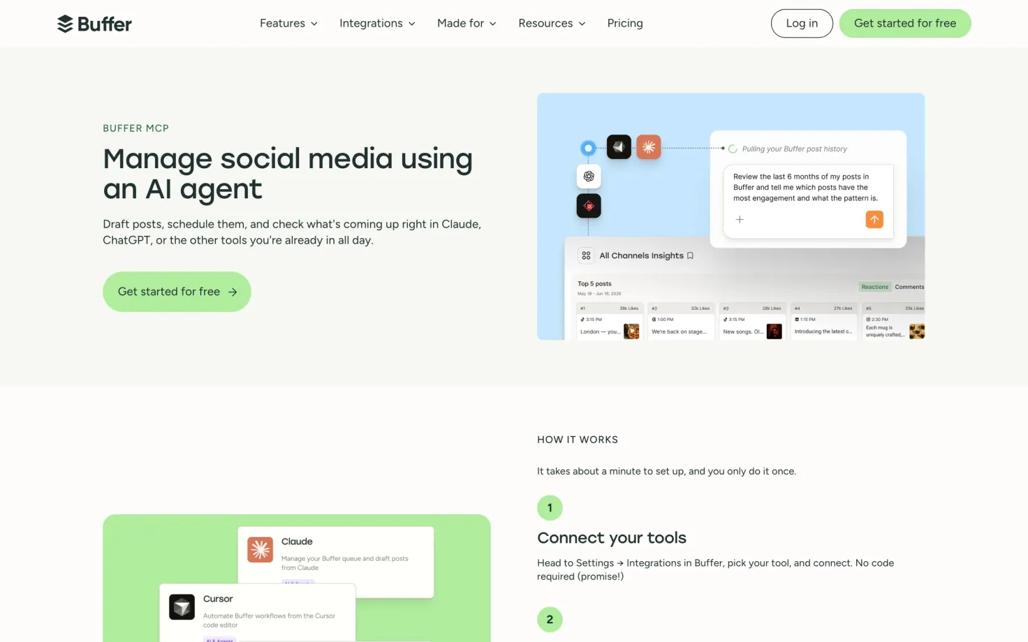 Buffer's MCP page: manage social media using an AI agent, with a Claude and Cursor integration mockup.