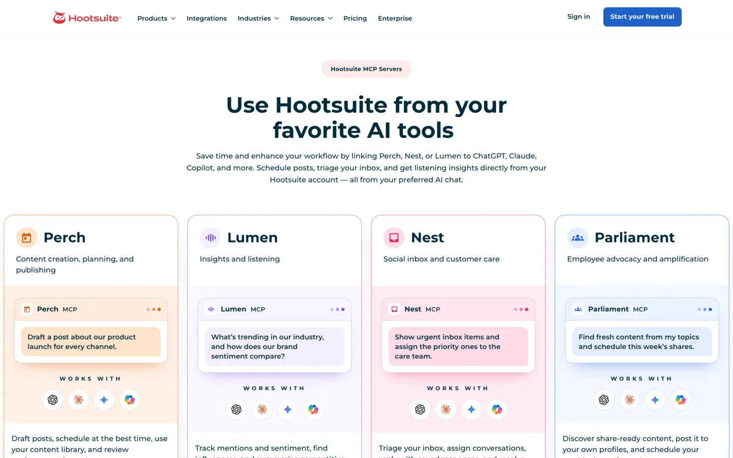Hootsuite's MCP page showing four servers: Perch, Lumen, Nest and Parliament, each listing the AI tools it works with.