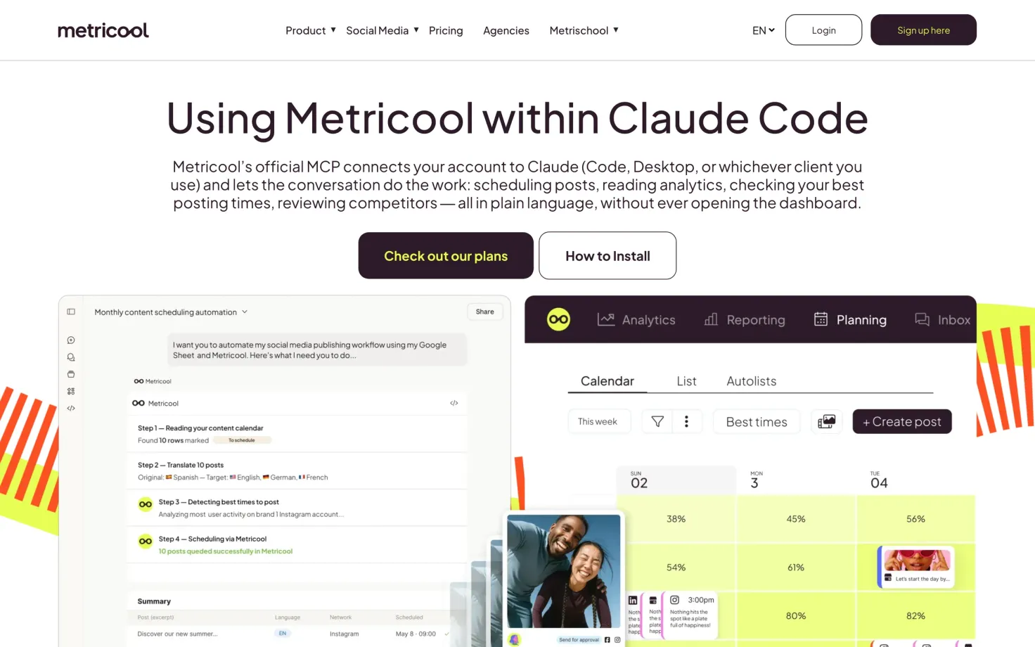 Metricool's page on using Metricool within Claude Code, showing a scheduling automation running in a chat next to the planning calendar.