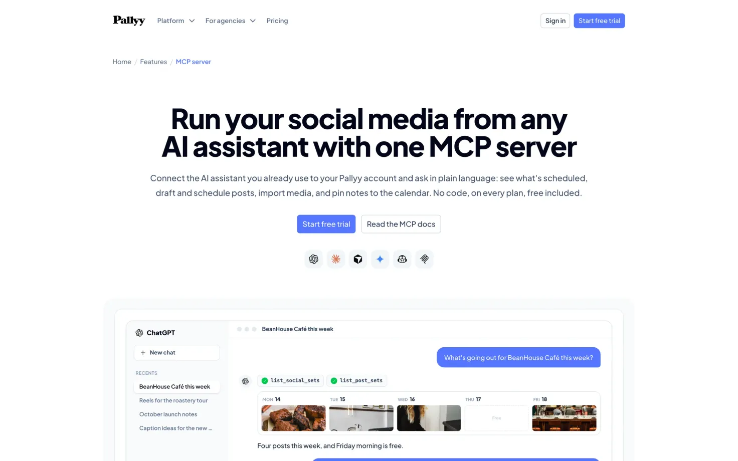 Pallyy's MCP feature page: run your social media from any AI assistant with one MCP server, with a ChatGPT conversation listing the week's posts.