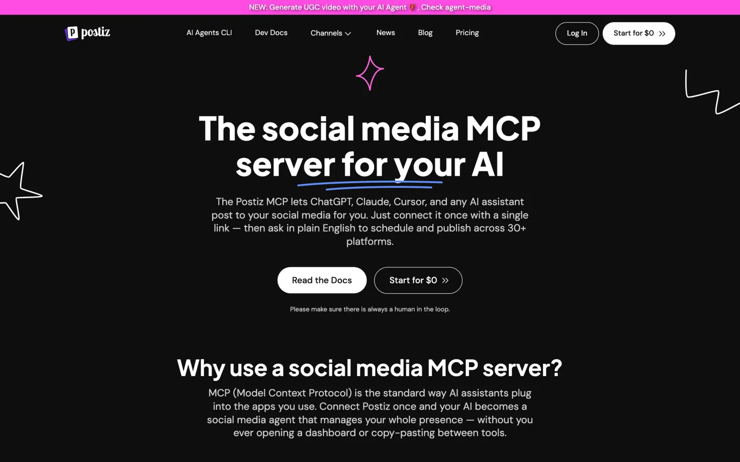 Postiz's MCP page: the social media MCP server for your AI, connecting ChatGPT, Claude and Cursor to 30+ platforms.