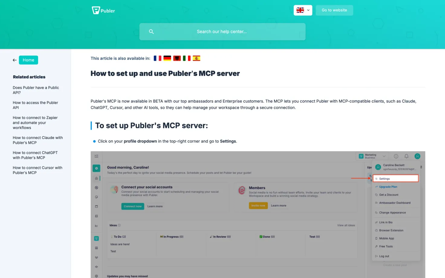 Publer help centre article on setting up its MCP server, noting the beta is limited to top ambassadors and Enterprise customers.