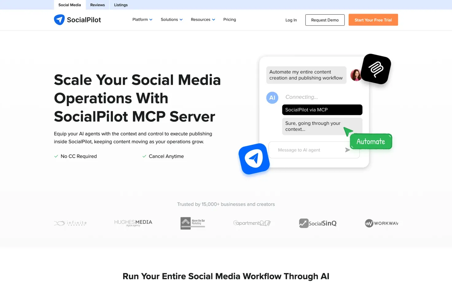 SocialPilot's MCP server page: scale your social media operations, with an AI agent chat mockup.