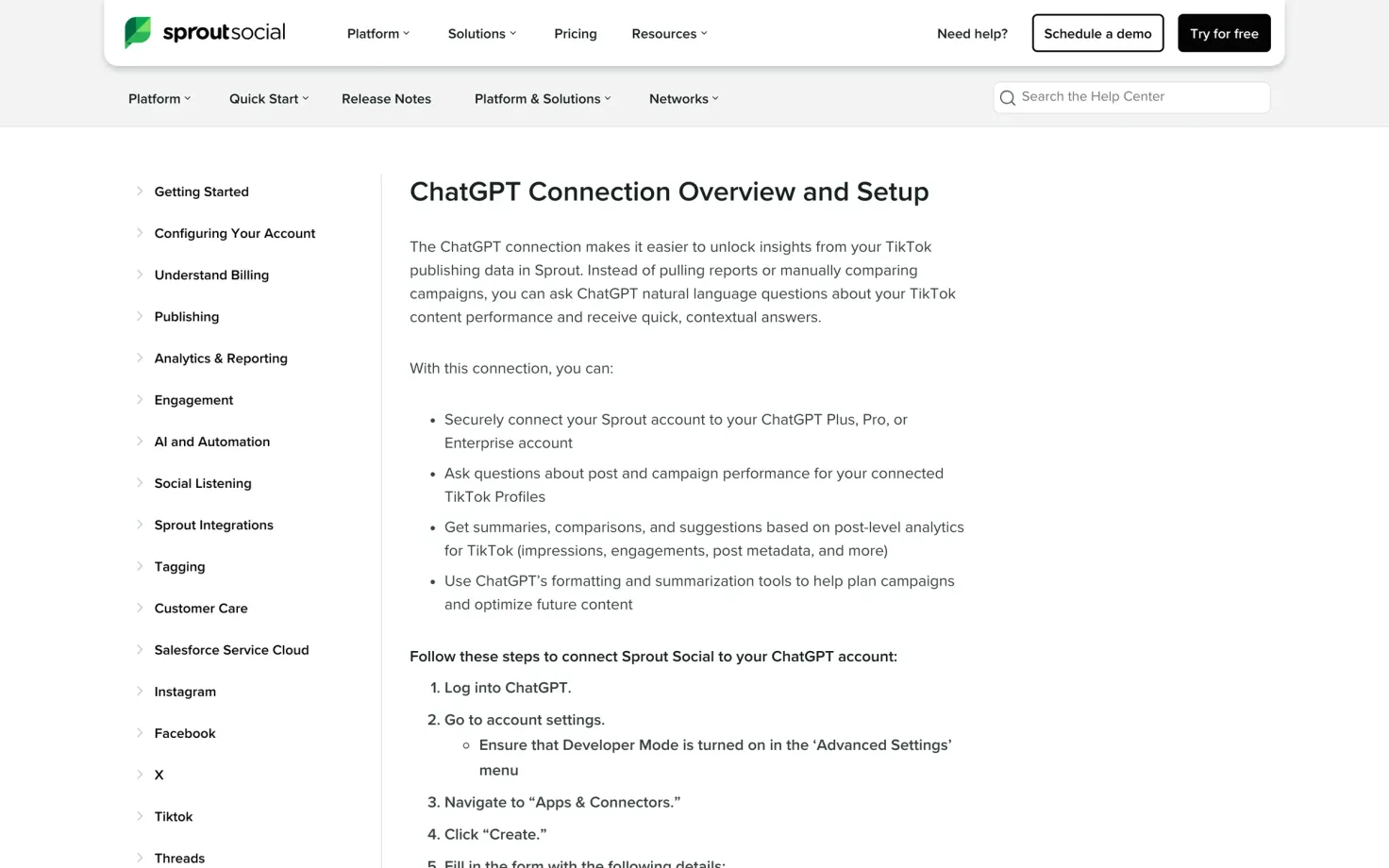 Sprout Social help article for its ChatGPT connection, which covers TikTok publishing insights.