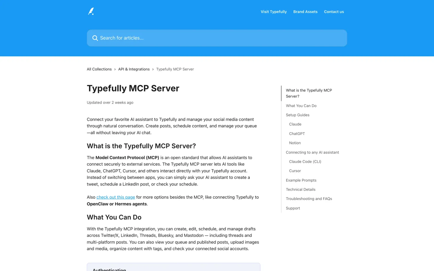 Typefully help centre article for its MCP server, listing what you can do and setup guides for Claude, ChatGPT and Notion.