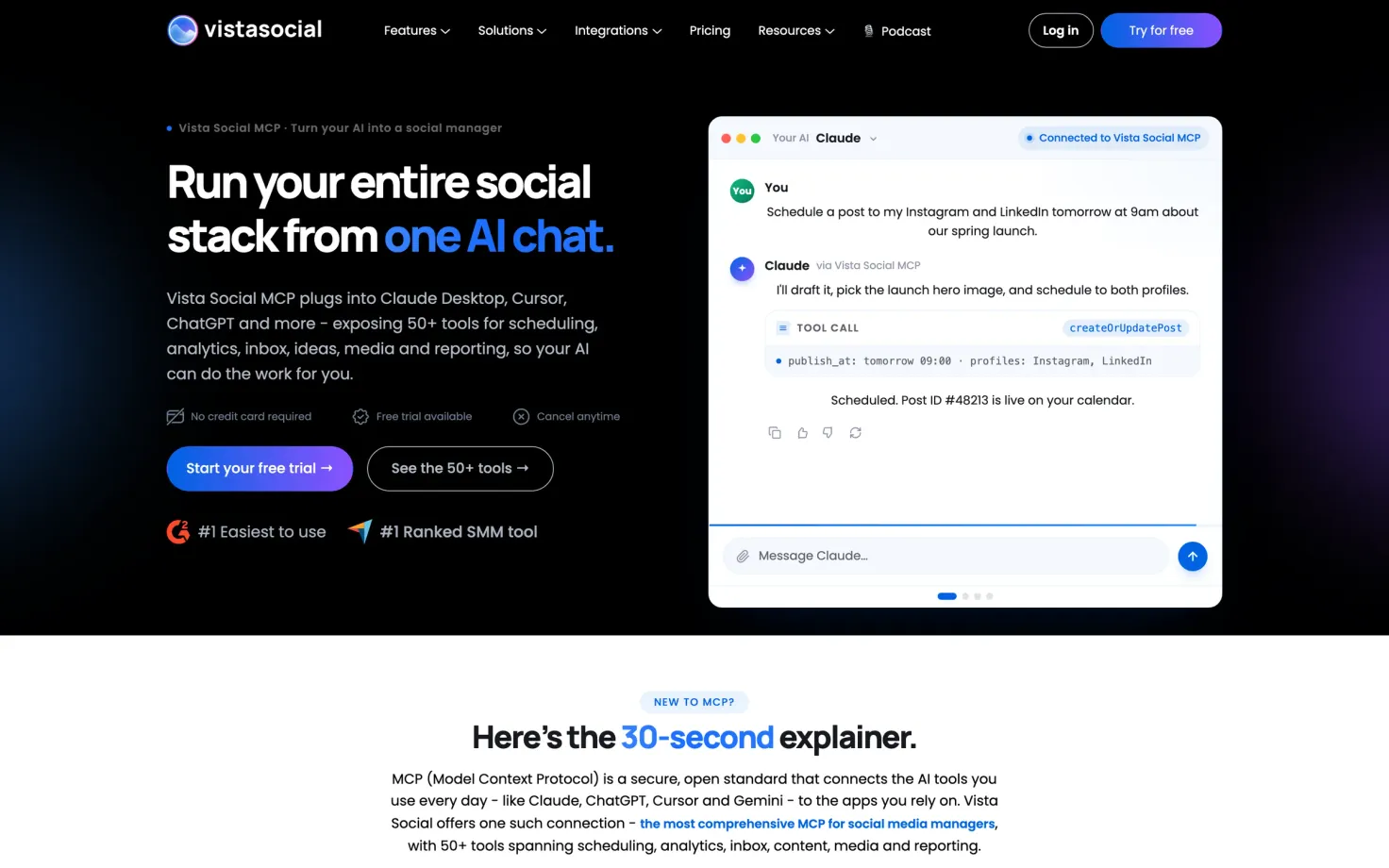 Vista Social's MCP page: run your entire social stack from one AI chat, with a Claude conversation scheduling a post.