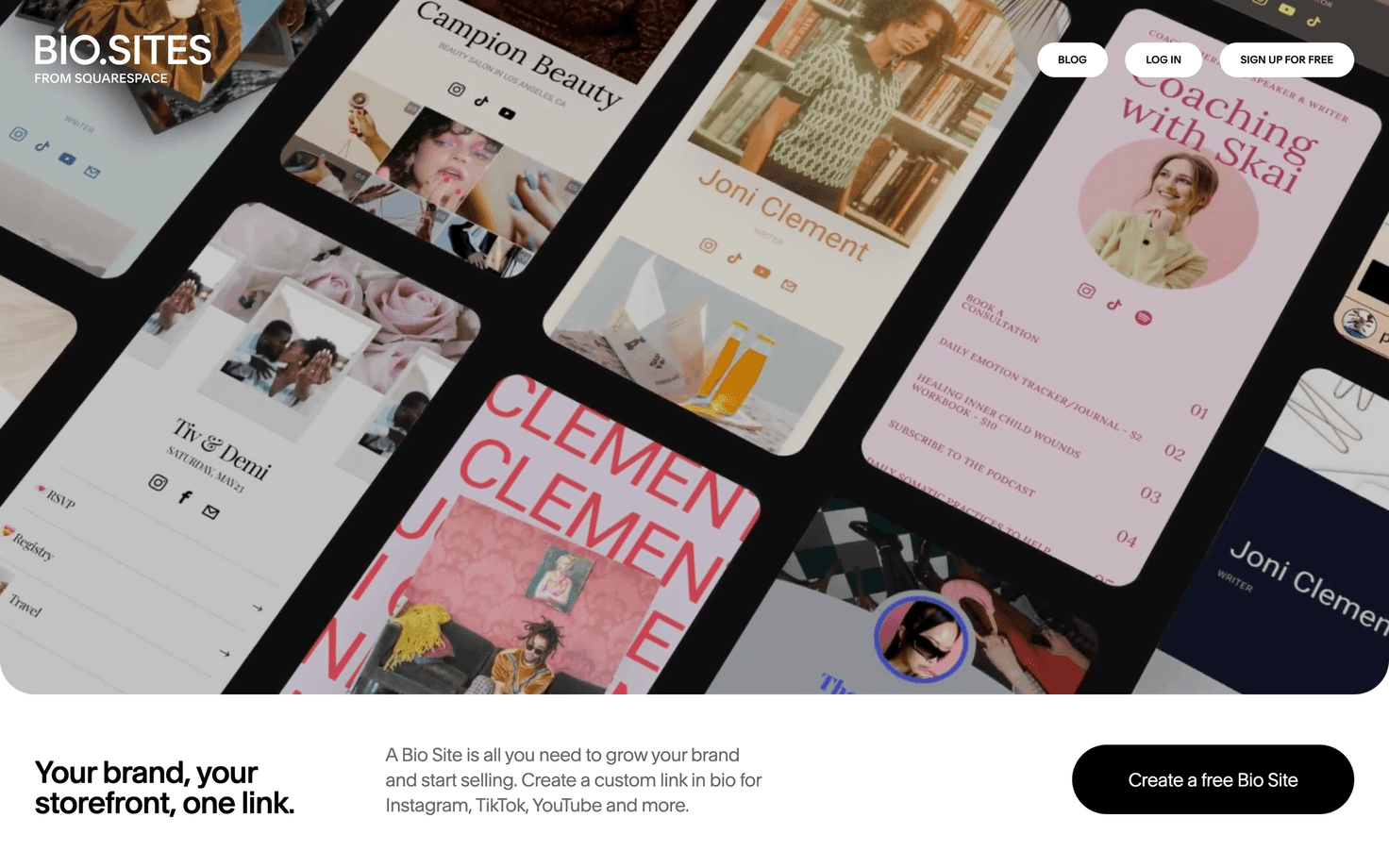Bio Sites homepage showcasing its link in bio designs