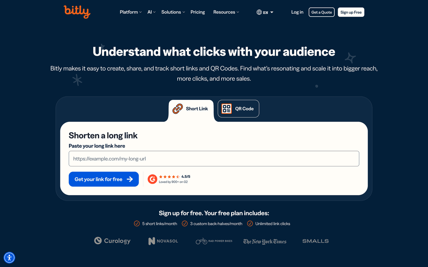 Bitly homepage introducing its link and QR code platform