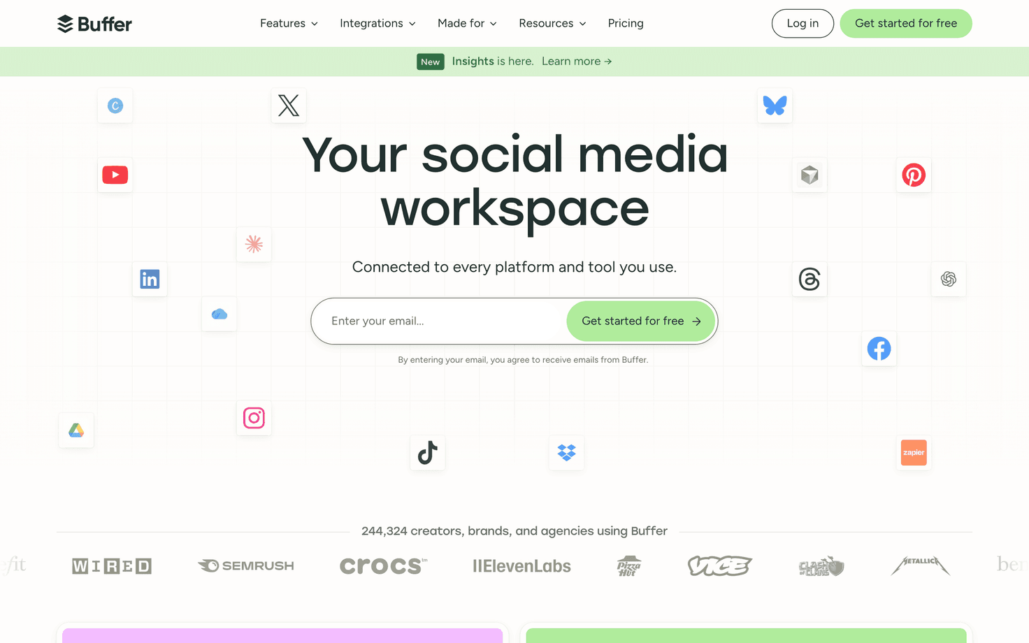 Buffer homepage introducing its social media publishing platform