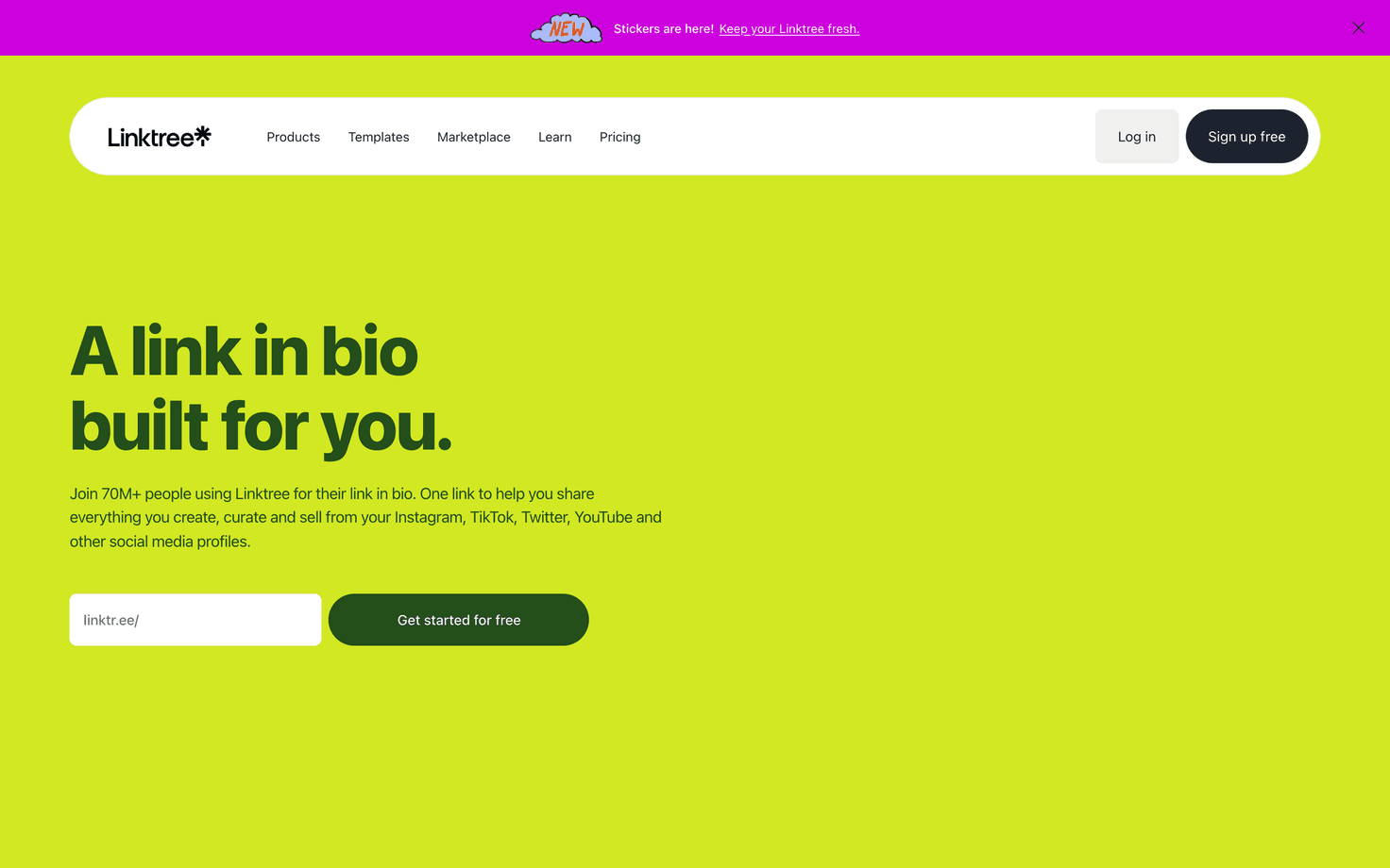 Linktree homepage presenting its link in bio platform