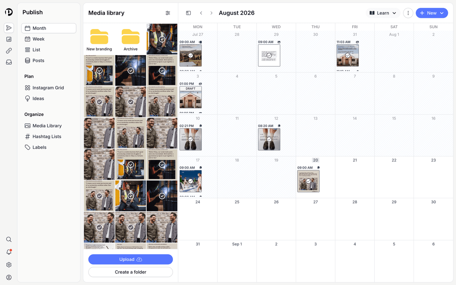Pallyy's month calendar filled with scheduled posts, the view a shared calendar link shows a client