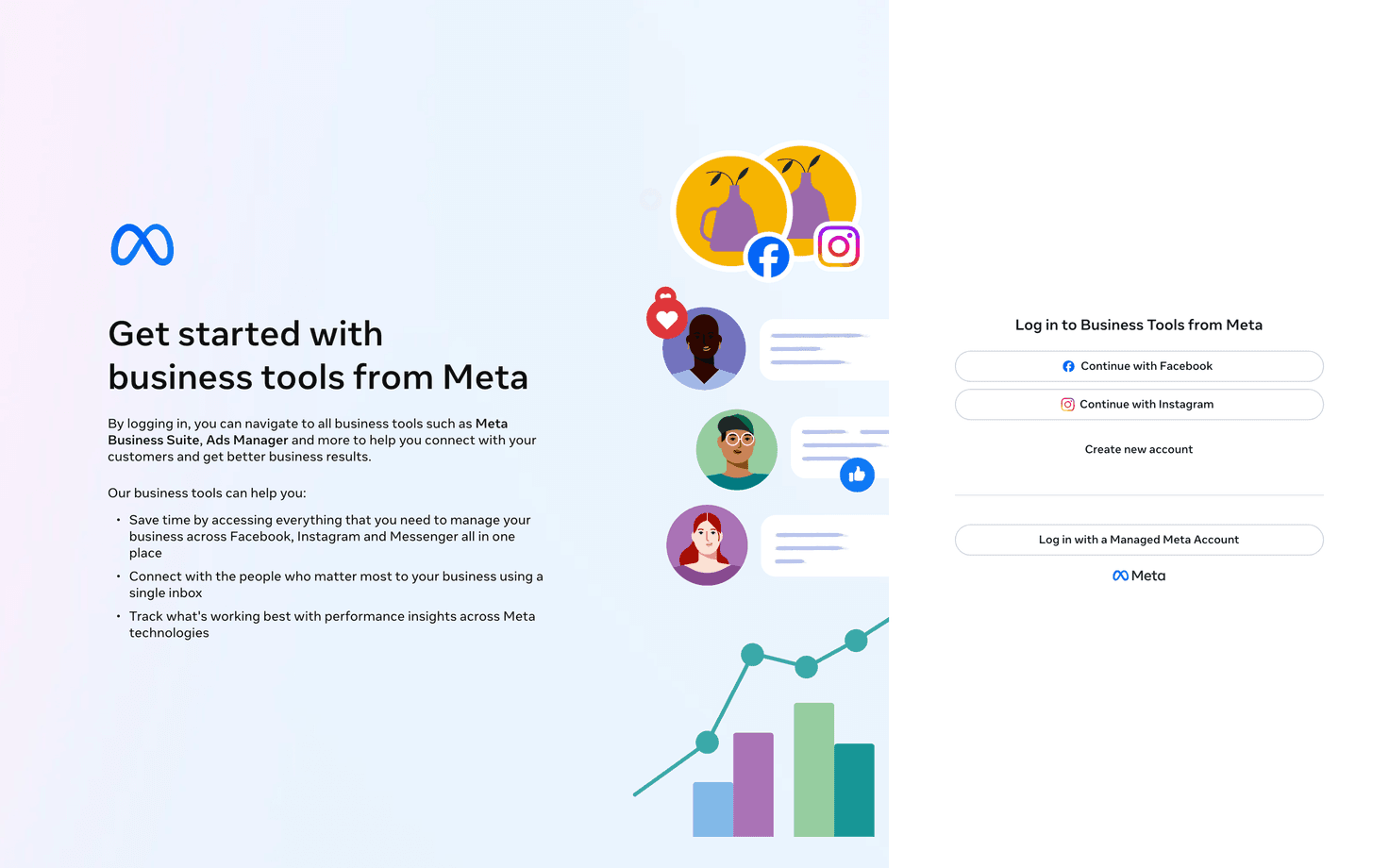 Meta Business Suite's sign-in page, the front door to Page access settings
