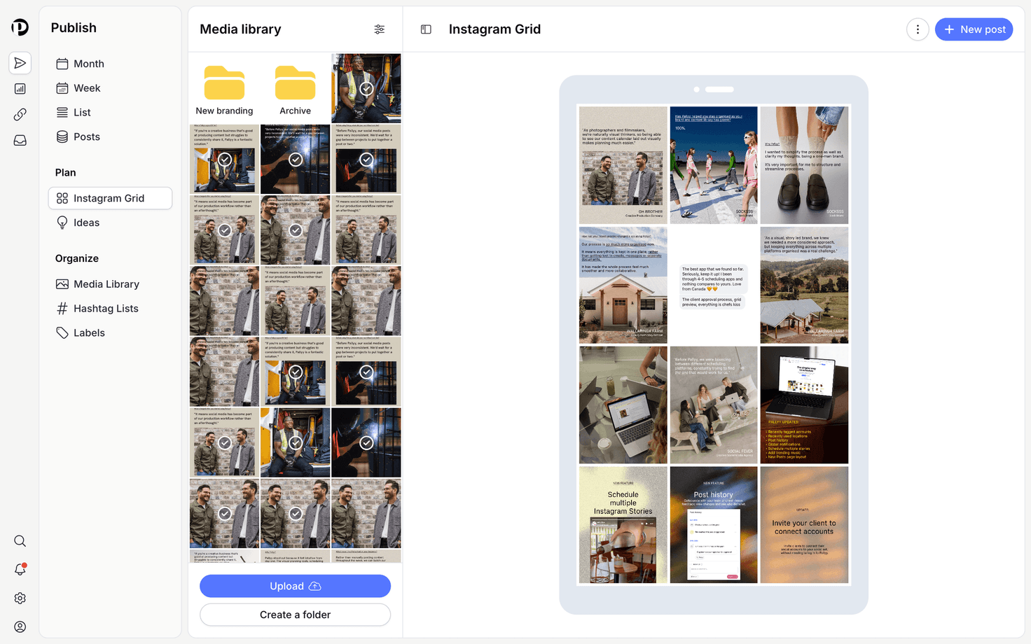 Pallyy's Instagram grid planner showing published and scheduled posts together