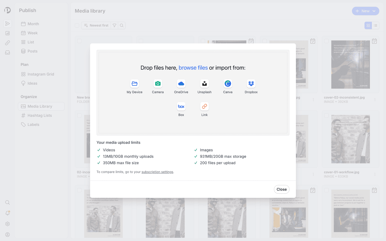 Pallyy's media upload modal with import sources including Canva, Dropbox, and OneDrive