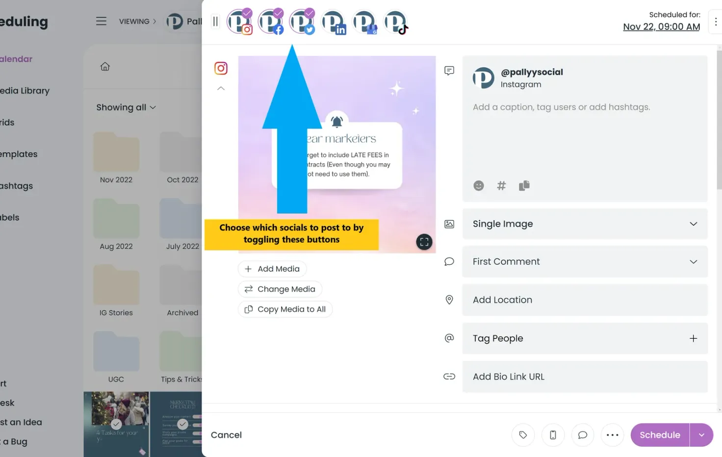 Choose which socials to schedule your post to.
