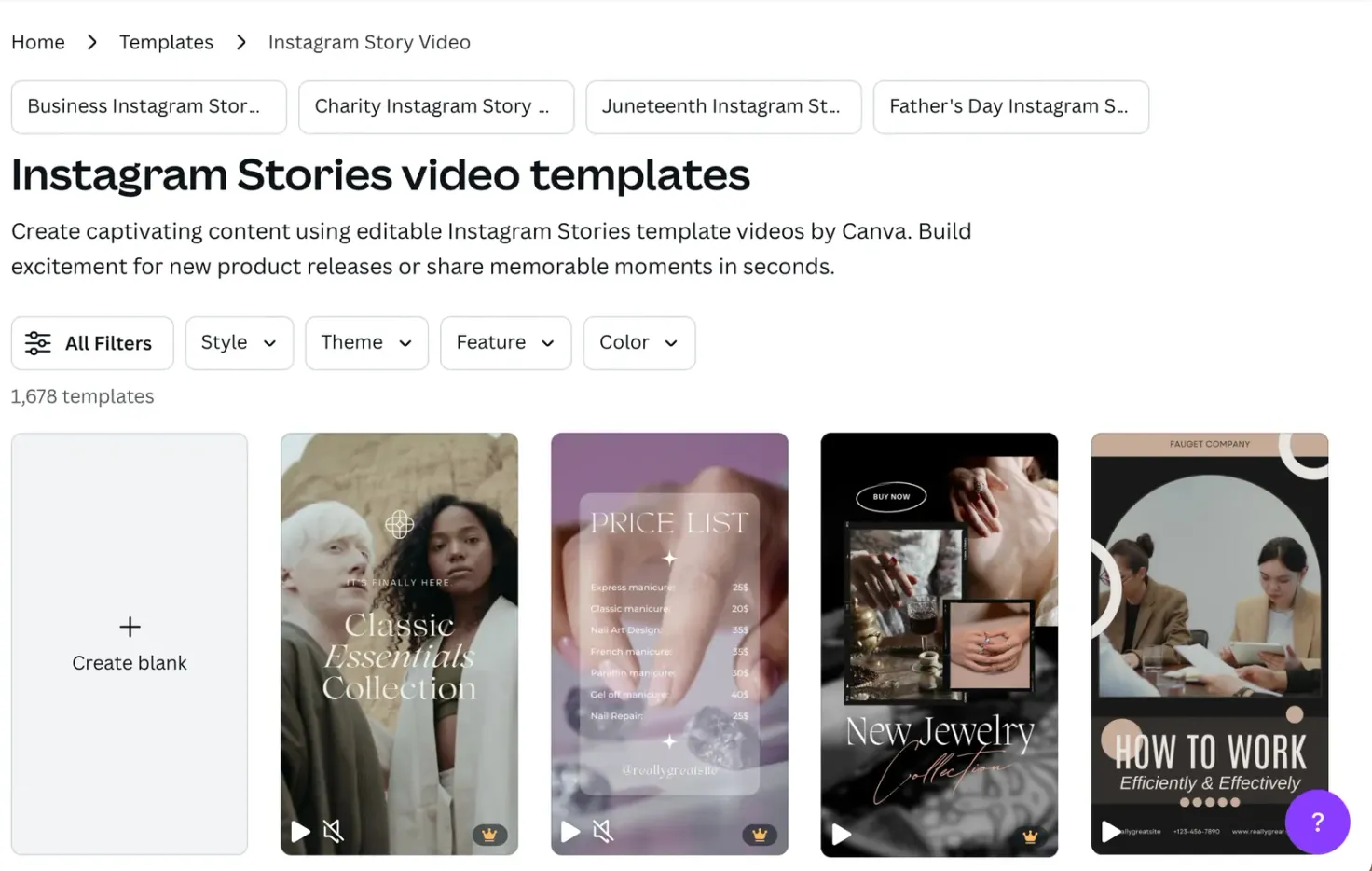 A selection of Instagram stories video templates in Canva.com