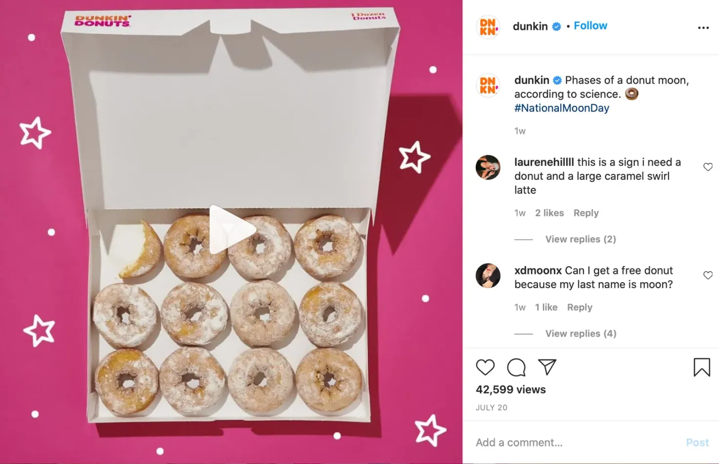 Screenshot of dunkin donuts Instagram post using a short video to try and boost engagement.