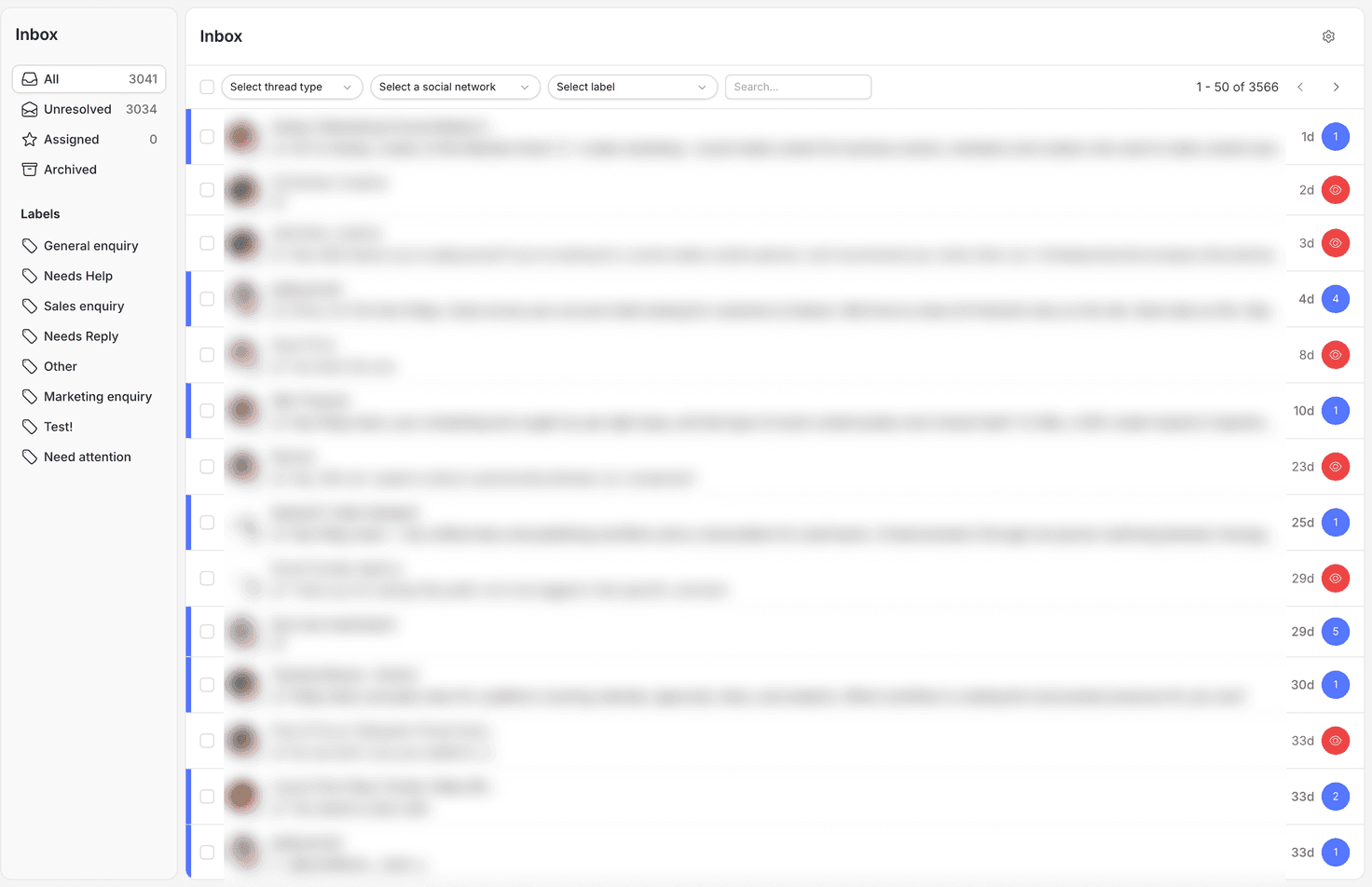 Pallyy's unified inbox with conversations from every network in one list