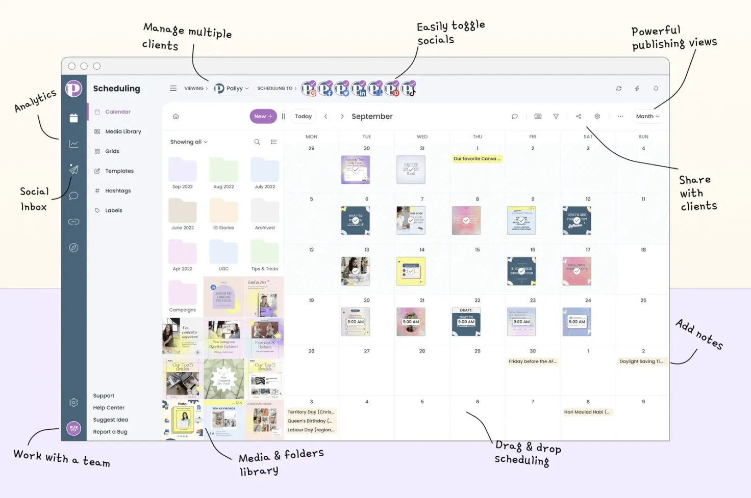 Pallyy's social media management platform homepage, picture of a calendar