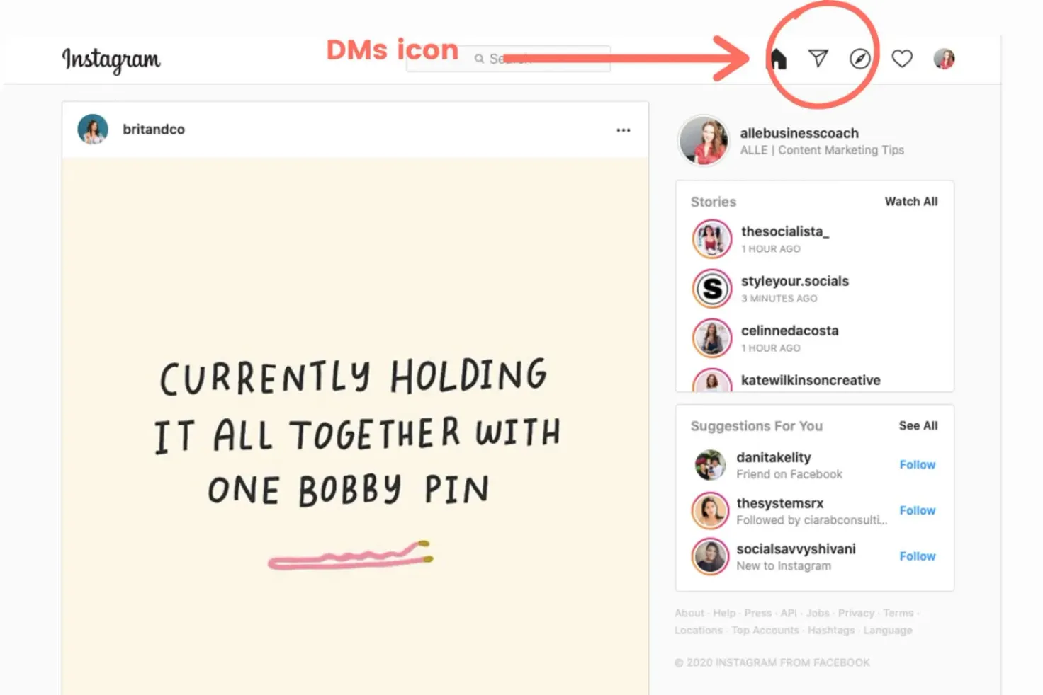 Click on the paper plane icon to access your Instagram DMs