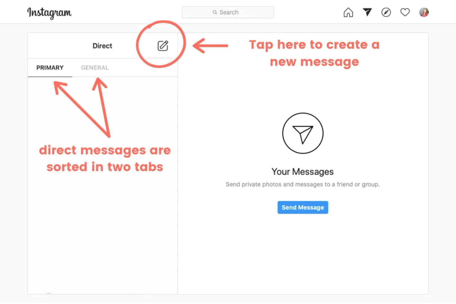 Your DMs are organized into two tabs: primary and general