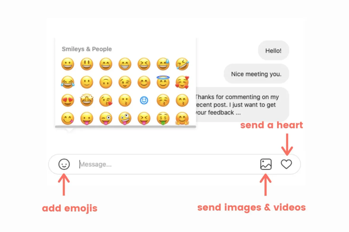 Type your DM, add emojis, images or videos, hearts and send it!
