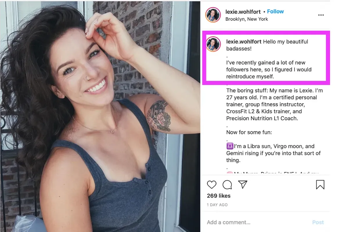 An example of a girl promoting herself in her Instagram caption.