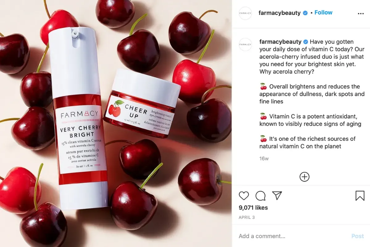A screenshot of farmacybeauty talking about their products ingredients in their caption.