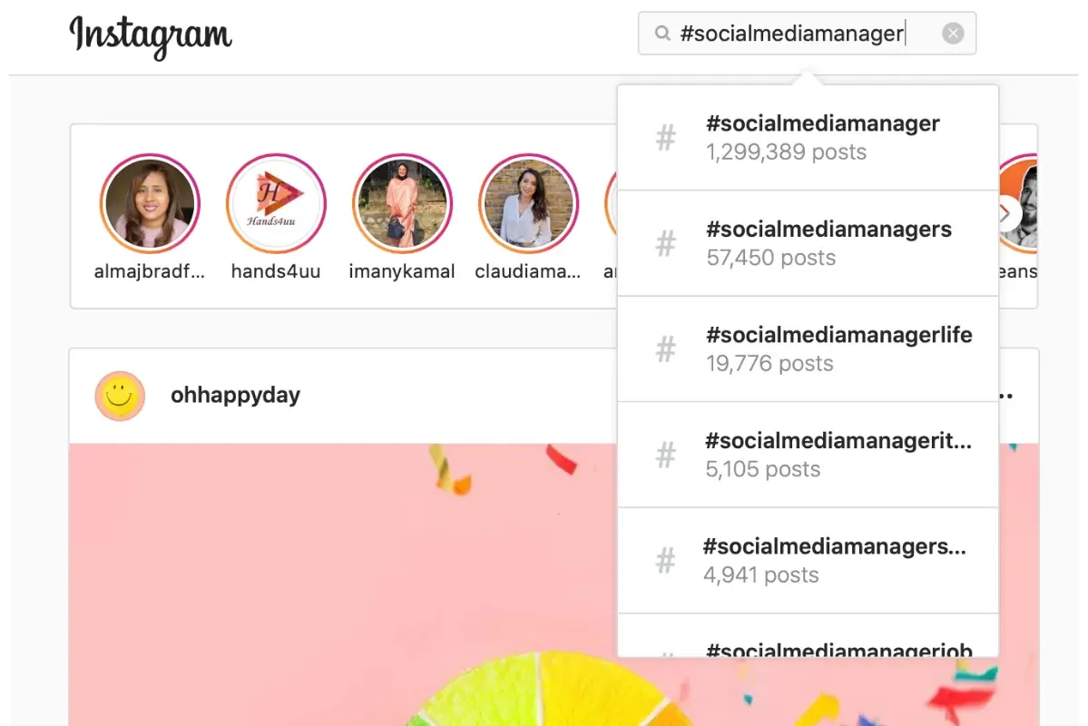 A screenshot of how to find more hashtags in Instagrams search function.