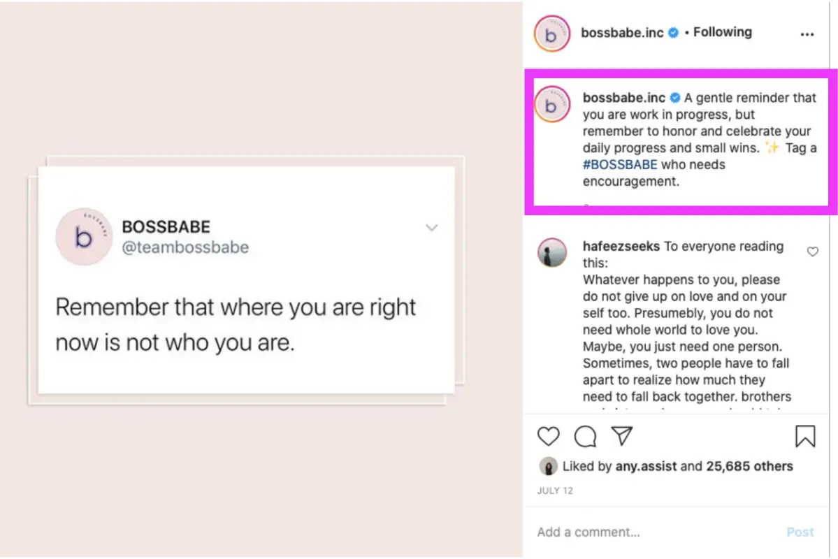 An example of using a motivational quote in your Instagram caption.