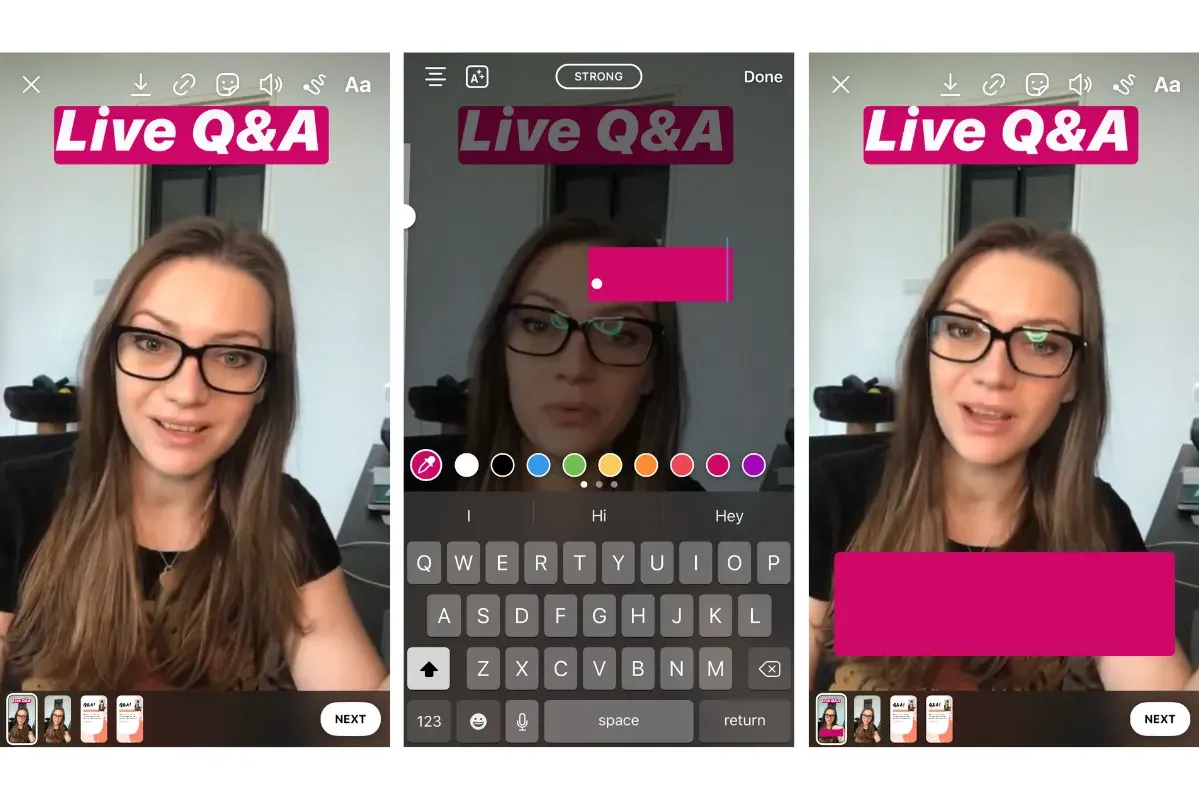 3 screenshots of using a coloured box as a background on your Instagram story.