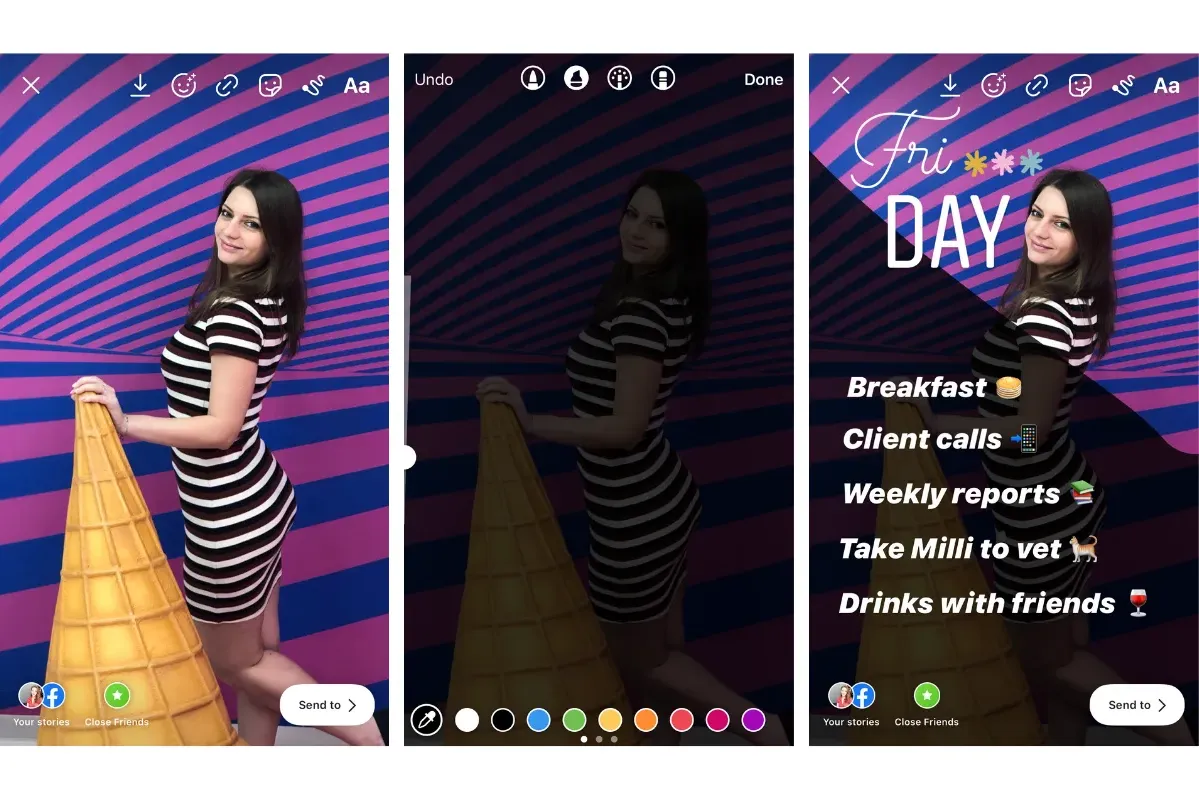 Screenshots of how to use a transparent background overlay in your Instagram story.
