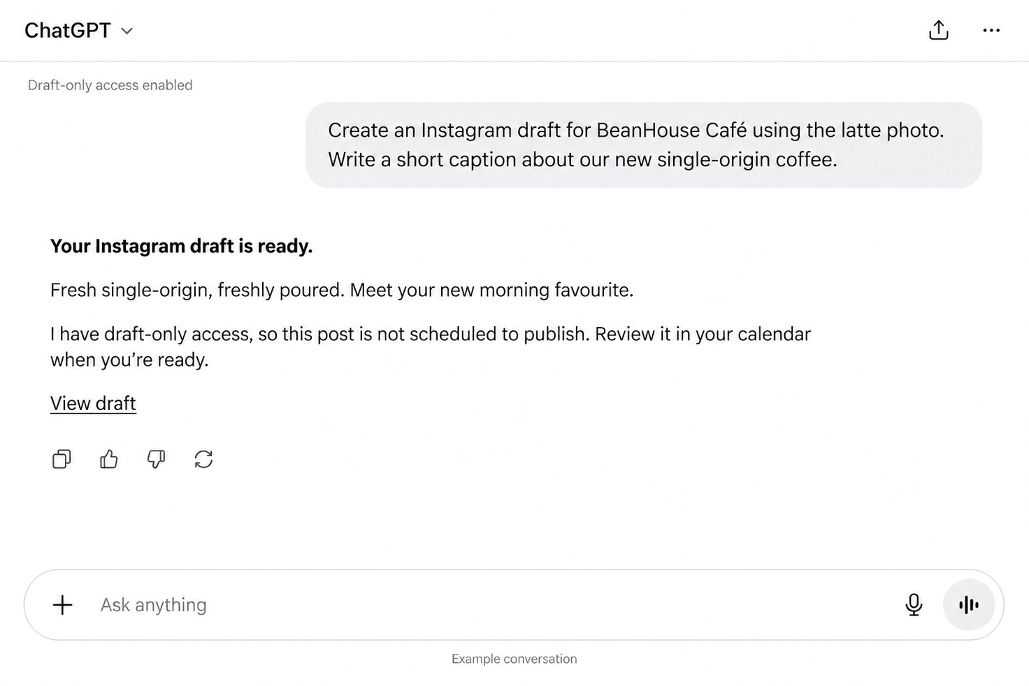 Example ChatGPT conversation: draft-only access lets the assistant prepare an Instagram caption without scheduling it to publish.