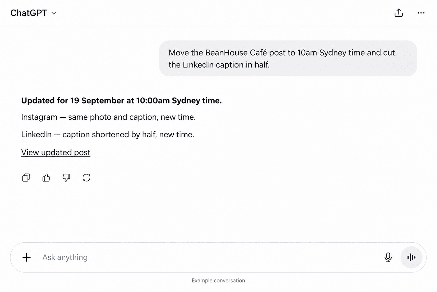 Example ChatGPT conversation: the user moves the post to 10am Sydney time and asks for a shorter LinkedIn caption, and ChatGPT confirms both updates.