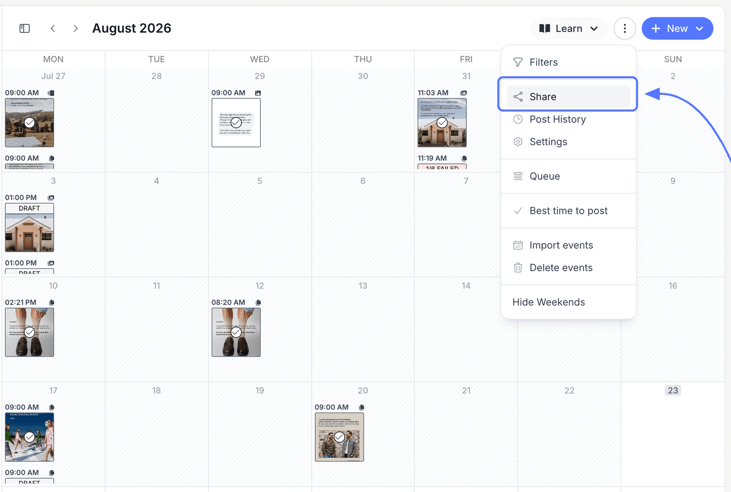 The calendar's three dot menu open with Share highlighted, boxed with an arrow pointing to it
