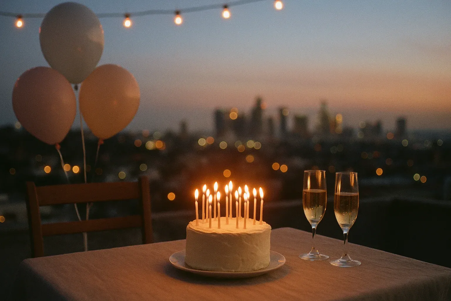 A birthday cake with lit candles on a rooftop table at dusk, balloons tied to the chair and city lights soft in the background.