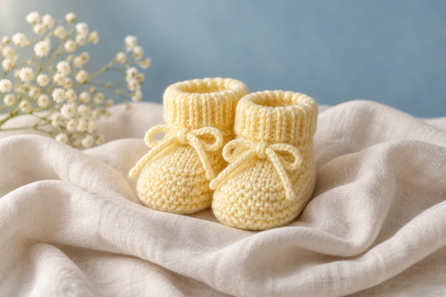 Tiny yellow knitted baby booties resting on ivory linen against a dusty-blue background.