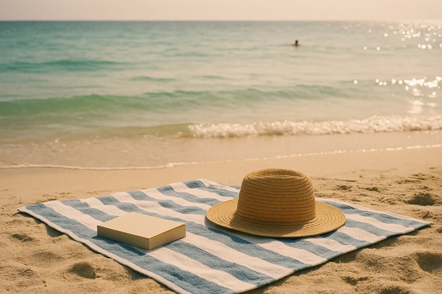 A striped beach towel, straw hat and paperback on pale sand beside clear turquoise shallows in late afternoon light.