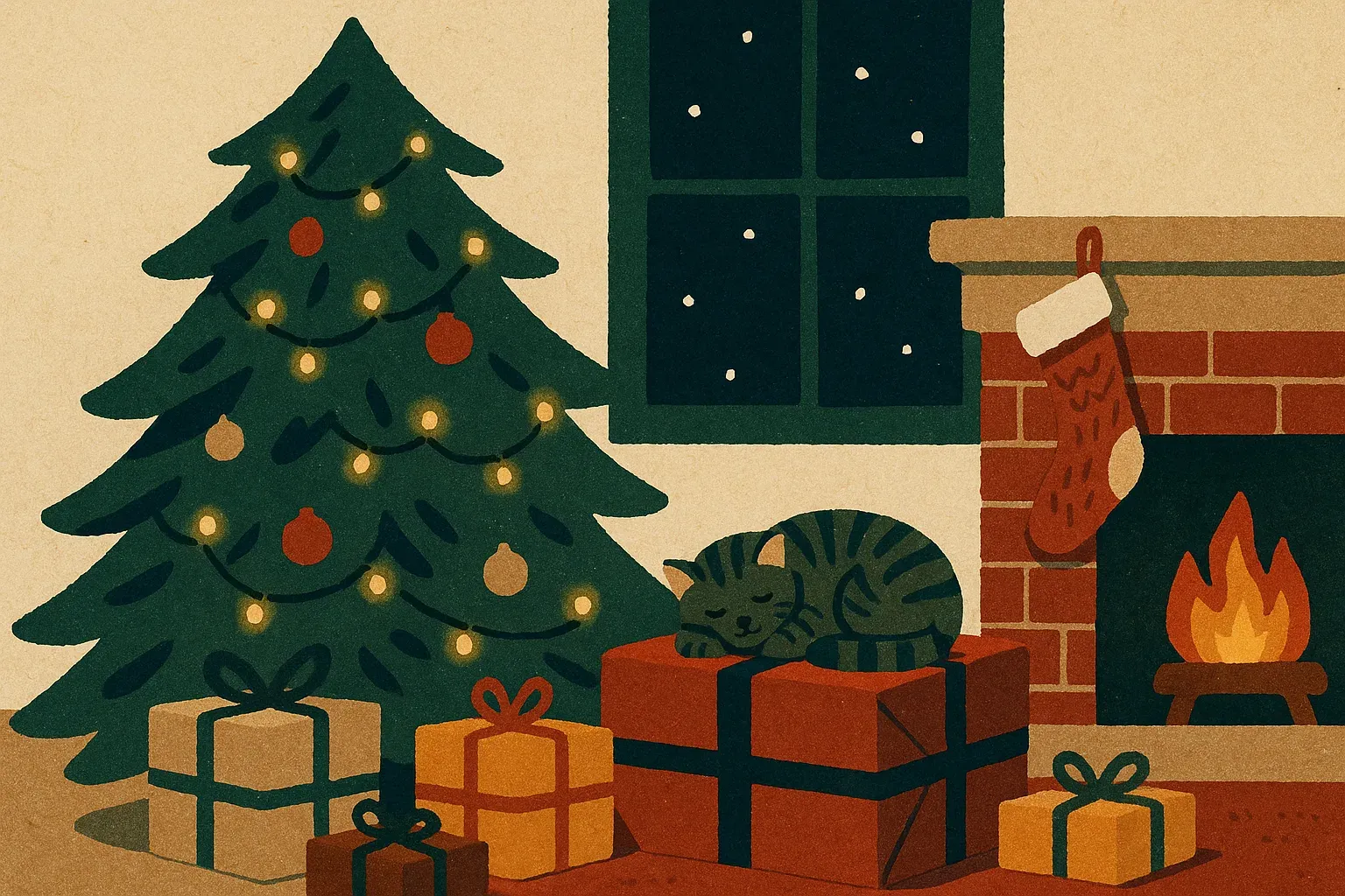 A cut-paper illustration of a glowing Christmas tree in a living room corner, with wrapped presents, a sleeping tabby cat and snow falling outside the window.