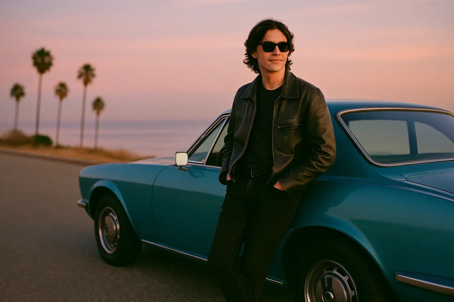 A young person in sunglasses and a leather jacket leaning against a vintage turquoise car on an empty coastal road at dusk.